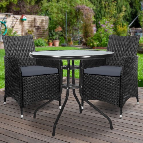 Outdoor Bistro Set Chairs Patio Furniture Dining Wicker Garden Cushion Gardeon – 2X Chair + Table