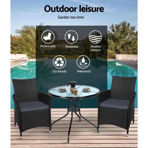 Outdoor Bistro Set Chairs Patio Furniture Dining Wicker Garden Cushion Gardeon – 2X Chair + Table