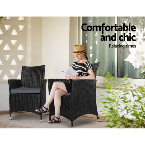 Outdoor Bistro Set Chairs Patio Furniture Dining Wicker Garden Cushion Gardeon – 2X Chair + Table