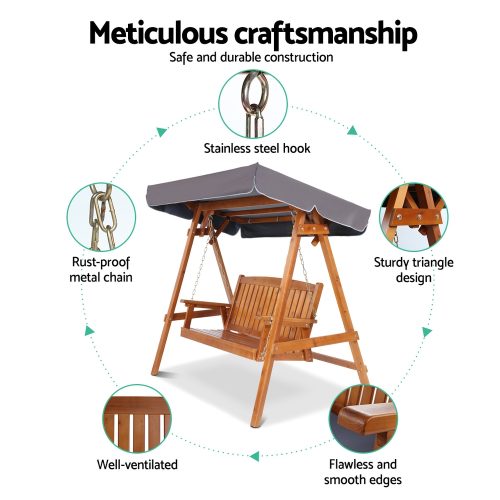 Swing Chair Wooden Garden Bench Canopy Outdoor Furniture – Teak, 3 Seater