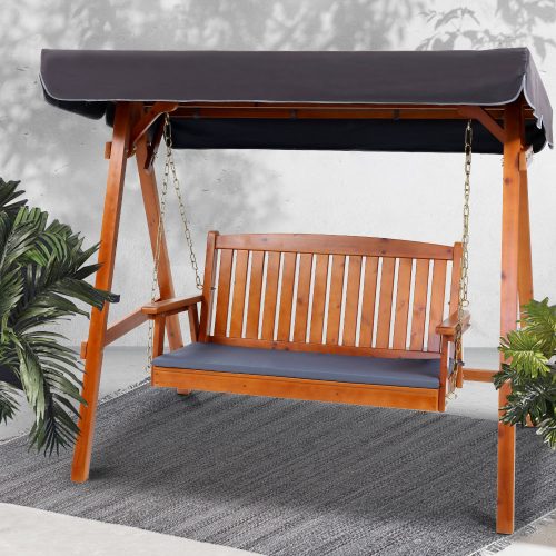 Swing Chair Wooden Garden Bench Canopy Outdoor Furniture – Teak, 3 Seater