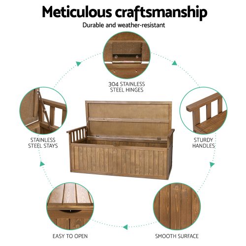 Outdoor Storage Bench Box 129cm Wooden Garden Toy Chest Sheds Patio Furniture XL Natural