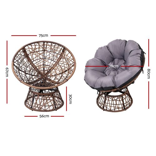 Outdoor Papasan Chairs Lounge Setting Patio Furniture Wicker – Brown, 2x chair + 1x Side Table