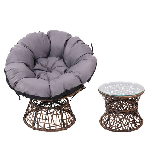 Outdoor Papasan Chairs Lounge Setting Patio Furniture Wicker – Brown, 2x chair + 1x Side Table