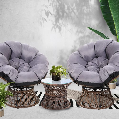 Outdoor Papasan Chairs Lounge Setting Patio Furniture Wicker – Brown, 2x chair + 1x Side Table