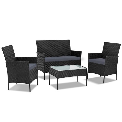 4-piece Outdoor Lounge Setting Wicker Patio Furniture Dining Set – Black and Grey, Without Storage Cover