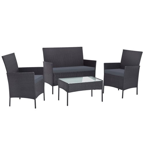 4-piece Outdoor Lounge Setting Wicker Patio Furniture Dining Set – Dark Grey amd Grey, Without Storage Cover