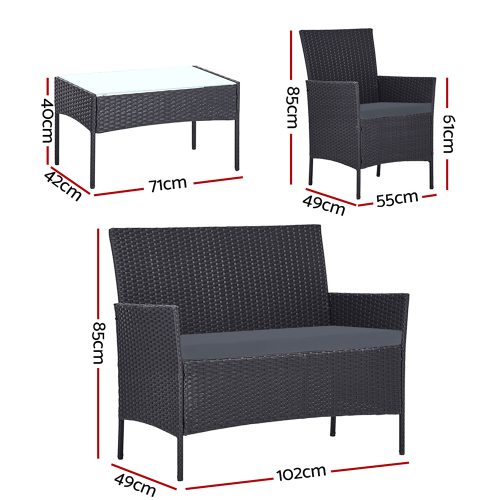 4-piece Outdoor Lounge Setting Wicker Patio Furniture Dining Set – Dark Grey amd Grey, Without Storage Cover