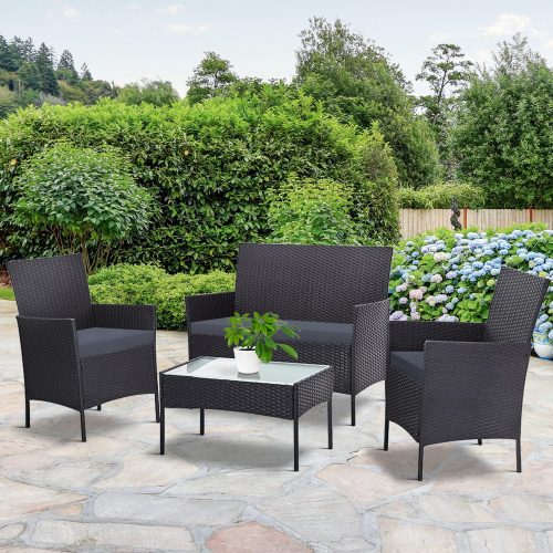 4-piece Outdoor Lounge Setting Wicker Patio Furniture Dining Set – Dark Grey amd Grey, Without Storage Cover