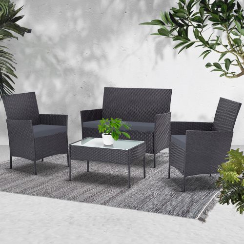 4-piece Outdoor Lounge Setting Wicker Patio Furniture Dining Set – Dark Grey amd Grey, Without Storage Cover