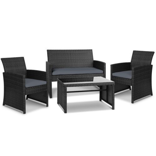 Set of 4 Outdoor Lounge Setting Rattan Patio Wicker Dining Set – Black and Grey, Without Storage Cover