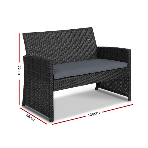 Set of 4 Outdoor Lounge Setting Rattan Patio Wicker Dining Set – Black and Grey, Without Storage Cover