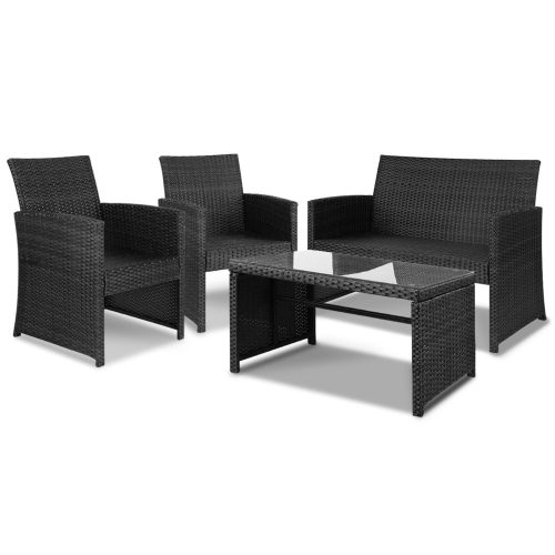 Set of 4 Outdoor Lounge Setting Rattan Patio Wicker Dining Set – Black and Grey, Without Storage Cover