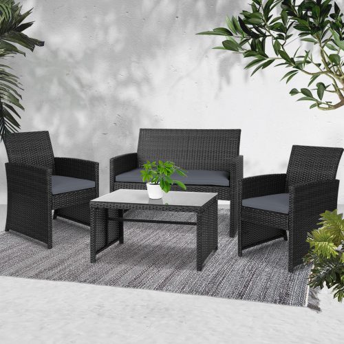 Set of 4 Outdoor Lounge Setting Rattan Patio Wicker Dining Set – Black and Grey, Without Storage Cover