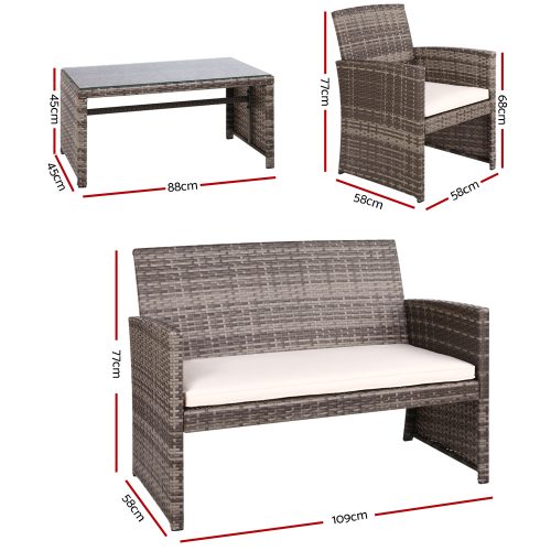 Set of 4 Outdoor Lounge Setting Rattan Patio Wicker Dining Set – Grey and Beige, Without Storage Cover