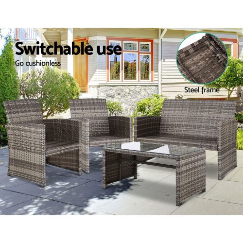 Set of 4 Outdoor Lounge Setting Rattan Patio Wicker Dining Set – Grey and Beige, Without Storage Cover