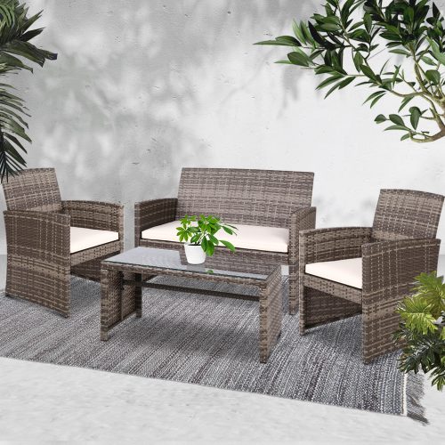 Set of 4 Outdoor Lounge Setting Rattan Patio Wicker Dining Set – Grey and Beige, Without Storage Cover