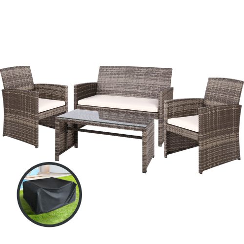 Set of 4 Outdoor Lounge Setting Rattan Patio Wicker Dining Set – Grey and Beige, With Storage Cover