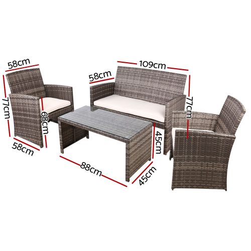 Set of 4 Outdoor Lounge Setting Rattan Patio Wicker Dining Set – Grey and Beige, With Storage Cover