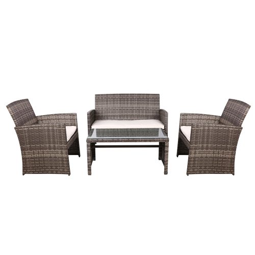 Set of 4 Outdoor Lounge Setting Rattan Patio Wicker Dining Set – Grey and Beige, With Storage Cover