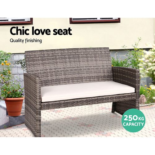 Set of 4 Outdoor Lounge Setting Rattan Patio Wicker Dining Set – Grey and Beige, With Storage Cover
