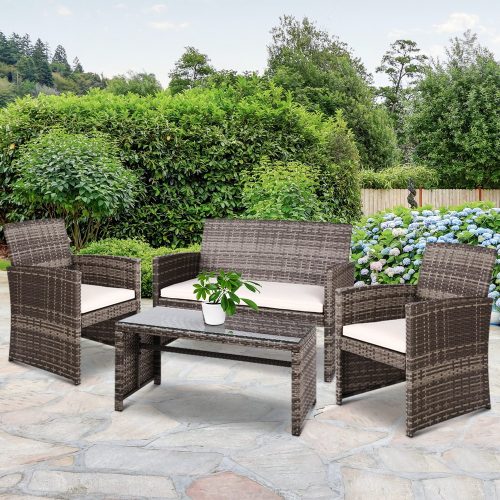 Set of 4 Outdoor Lounge Setting Rattan Patio Wicker Dining Set – Grey and Beige, With Storage Cover