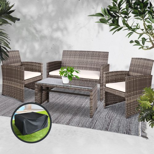 Set of 4 Outdoor Lounge Setting Rattan Patio Wicker Dining Set – Grey and Beige, With Storage Cover