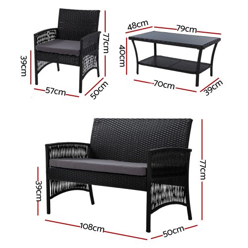 4 PCS Outdoor Furniture Lounge Setting Wicker Dining Set – Black, Without Storage Cover