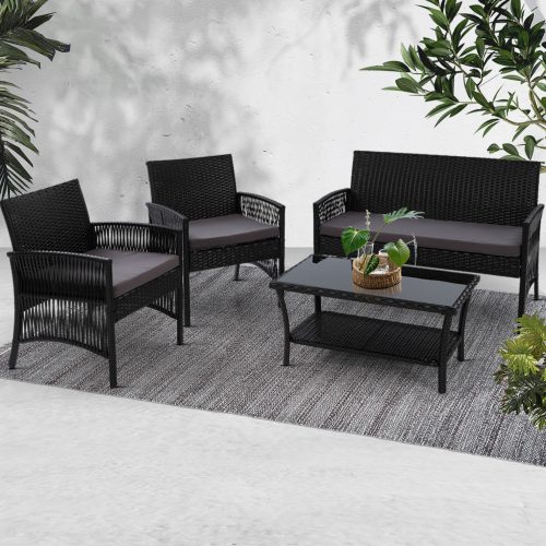 4 PCS Outdoor Furniture Lounge Setting Wicker Dining Set – Black, Without Storage Cover