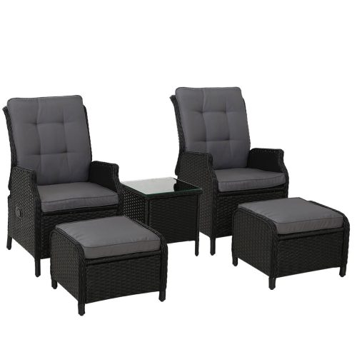 5PC Recliner Chairs Table Sun lounge Wicker Outdoor Furniture Adjustable Black
