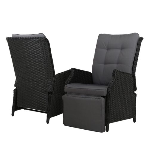 3PC Recliner Chairs Table Sun lounge Outdoor Furniture Wicker Adjustable Black