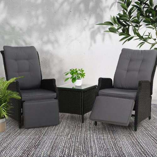 3PC Recliner Chairs Table Sun lounge Outdoor Furniture Wicker Adjustable Black