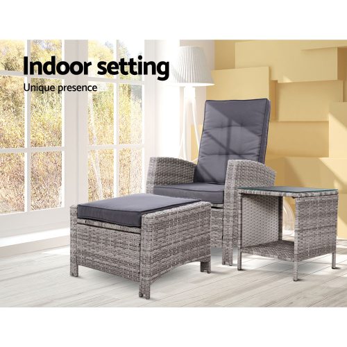 Outdoor Setting Recliner Chair Table Set Wicker lounge Patio Furniture