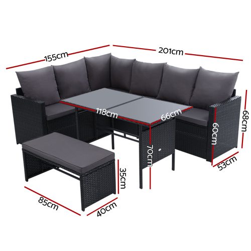 Outdoor Furniture Dining Setting Sofa Set Lounge Wicker 8 Seater – Black and Dark Grey, Without Storage Cover