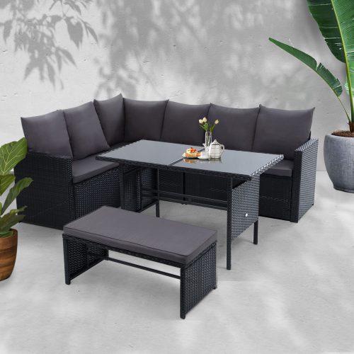 Outdoor Furniture Dining Setting Sofa Set Lounge Wicker 8 Seater – Black and Dark Grey, Without Storage Cover