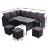 Outdoor Furniture Dining Setting Sofa Set Lounge Wicker 9 Seater – Black and Dark Grey, Without Storage Cover