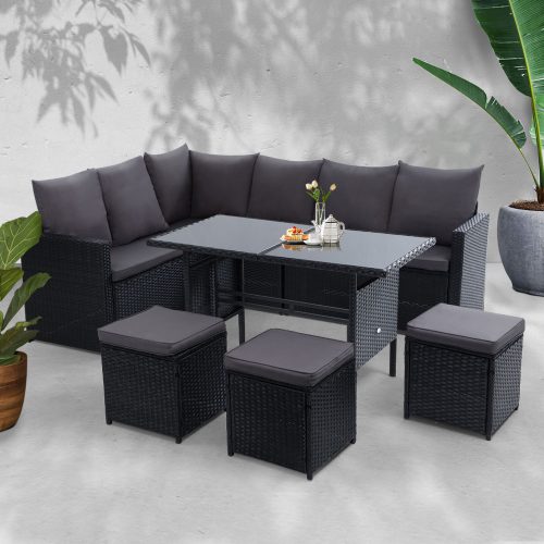 Outdoor Furniture Dining Setting Sofa Set Lounge Wicker 9 Seater – Black and Dark Grey, Without Storage Cover