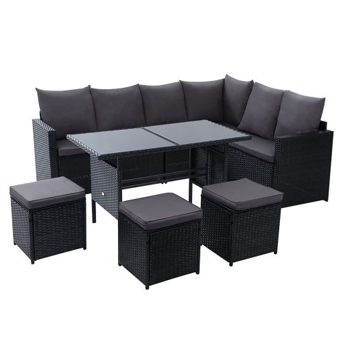 Outdoor Furniture Dining Setting Sofa Set Lounge Wicker 9 Seater – Black and Dark Grey, With Storage Cover