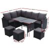 Outdoor Furniture Dining Setting Sofa Set Lounge Wicker 9 Seater – Black and Dark Grey, With Storage Cover