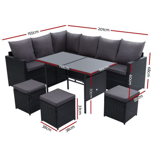 Outdoor Furniture Dining Setting Sofa Set Lounge Wicker 9 Seater – Black and Dark Grey, With Storage Cover