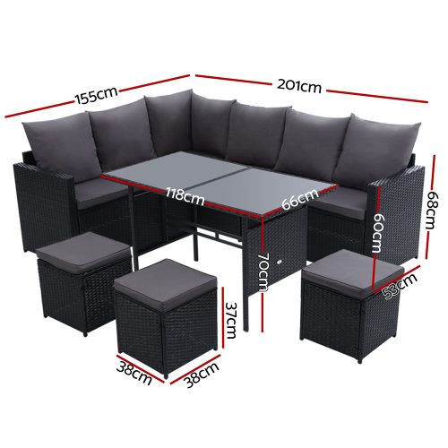Outdoor Furniture Dining Setting Sofa Set Lounge Wicker 9 Seater – Black and Dark Grey, With Storage Cover