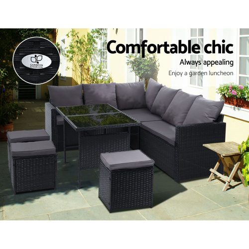 Outdoor Furniture Dining Setting Sofa Set Lounge Wicker 9 Seater – Black and Dark Grey, With Storage Cover