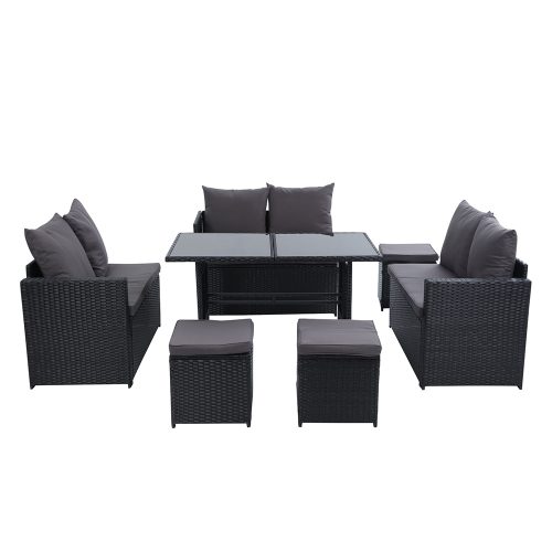 Outdoor Furniture Dining Setting Sofa Set Lounge Wicker 9 Seater – Black and Dark Grey, With Storage Cover