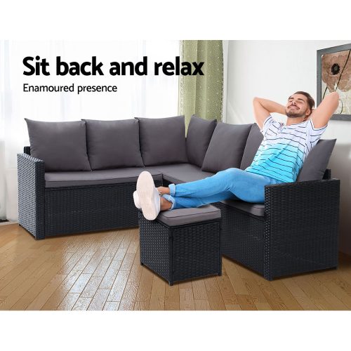 Outdoor Furniture Dining Setting Sofa Set Lounge Wicker 9 Seater – Black and Dark Grey, With Storage Cover