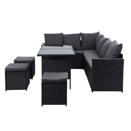 Outdoor Furniture Dining Setting Sofa Set Lounge Wicker 9 Seater – Black and Dark Grey, With Storage Cover
