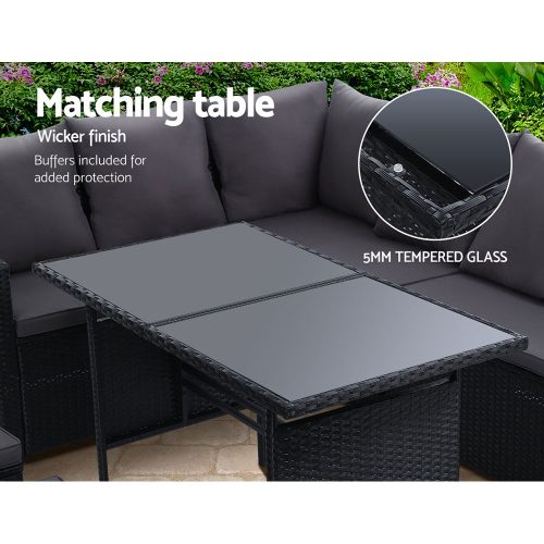 Outdoor Furniture Dining Setting Sofa Set Lounge Wicker 9 Seater – Black and Dark Grey, With Storage Cover
