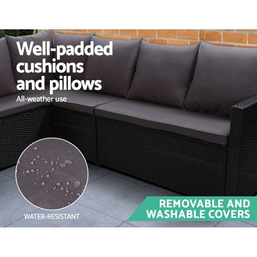 Outdoor Furniture Dining Setting Sofa Set Lounge Wicker 9 Seater – Black and Dark Grey, With Storage Cover