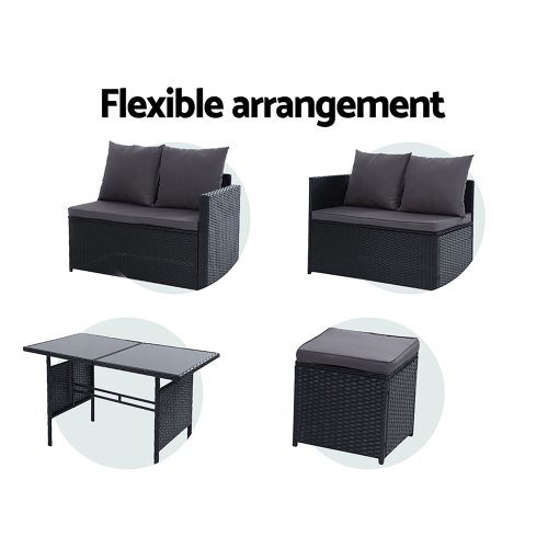 Outdoor Furniture Dining Setting Sofa Set Lounge Wicker 9 Seater – Black and Dark Grey, With Storage Cover