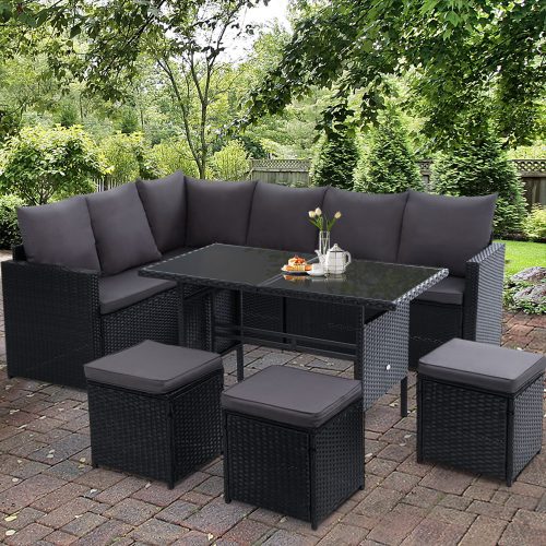 Outdoor Furniture Dining Setting Sofa Set Lounge Wicker 9 Seater – Black and Dark Grey, With Storage Cover
