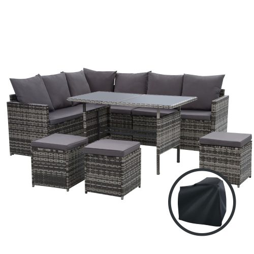 Outdoor Furniture Dining Setting Sofa Set Lounge Wicker 9 Seater – Dark Grey and Mixed Grey, With Storage Cover